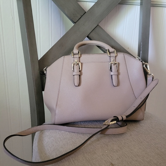 Michael Kors Ciara Taupe Tan Satchel Cross Body Handbag Purse Handles Buckles - Picture 9 of 10